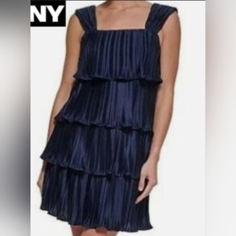 NEW DKNY Sleeveless Square Neck Tiered Ruffle Pleated Swing Dress Navy 6 US - Picture 15 of 16